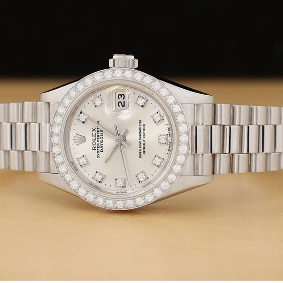 ROLEX LADIES DATEJUST SILVER FACTORY DIAMOND PLATINUM PRESIDENT WATCH - Picture 4 of 9